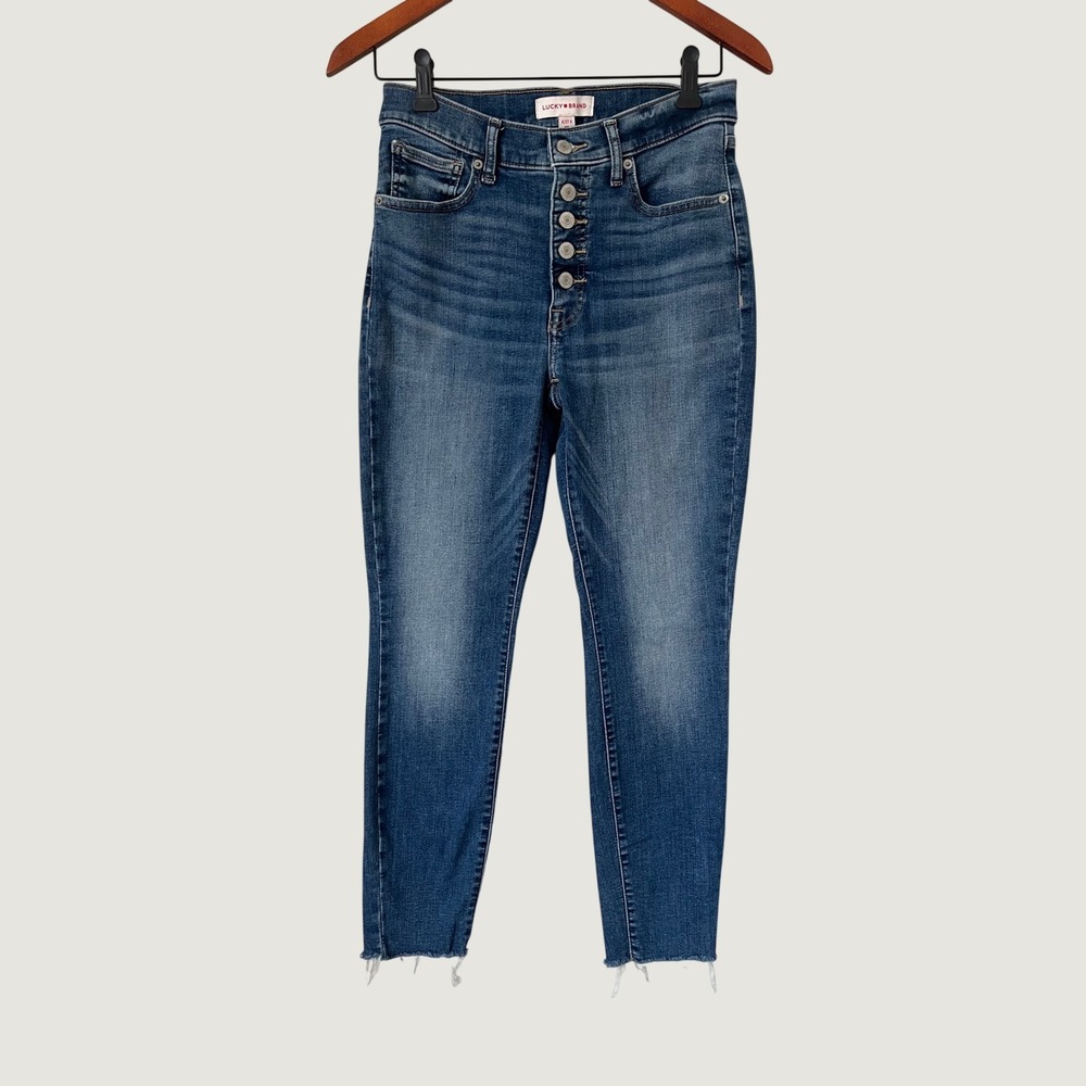 Lucky Brand Bridgette High Rise Skinny Jeans Button Fly Raw Hem Blue Denim 4/27